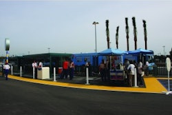 Alignment of the lines of domes is important for wheelchair riders and pedestrians with walkers. Keeping that alignment around a radiused curb is one of the advantages of a flexible mat over a rigid tile system.