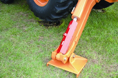 The Equipment Lock Stabilizer Lock mechanically locks the stabilizer arm of all backhoes in the downward position and raises wheel off the ground.