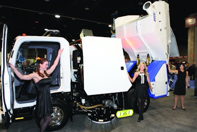 In a ceremony complete with draped equipment and models, Schwarze Industries unveiled three new units including the 4.5 cu. yd. S350 which replaces the 348 unit. The other sweepers Schwarze unveiled were the S235 2 cu. yd. parking lot sweeper, replacing the 233, and the S335, a 4.5 cu. yd. sweeper, replacing the 333.