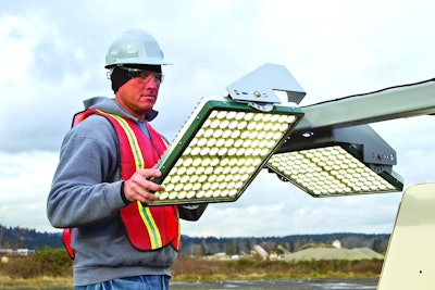 Terex LED light towers feature four panels, each with 100 individual LED bulbs.