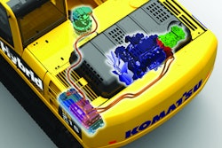 On the Komatsu HB215-1 excavator, energy in the capacitor (lower left) can be sent to either the swing motor or to the generator motor to help the engine accelerate as engine assist.