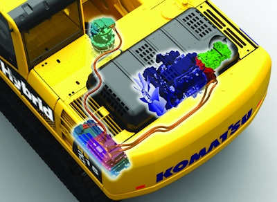 On the Komatsu HB215-1 excavator, energy in the capacitor (lower left) can be sent to either the swing motor or to the generator motor to help the engine accelerate as engine assist.