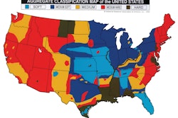 Map of the U.S. featuring general hardness of the aggregate in that geographical location. Areas in red (California, Arizona, etc.) are granite, slate, traprock, basalt and quartzite. Areas in brown (Louisiana, Mississippi, etc.) are hard chert, quartz, flint rock and hard river rock. Areas in dark blue (Wisconsin, Indiana, etc.) are pit gravel, limestone and dolomite. Areas in light blue (Kansas, Missouri, etc.) are soft limestone, sandstone, dolomite limestone, siliceous and soft shell. Areas in yellow (New Mexico, Colorado, etc.) are medium hard river gravel, medium traprock, decomposed granite and medium crushed gravel.