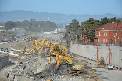 Six excavators were used on each stretch of roadway to demolish the old Doyle Drive in San Francisco within a 57 hour span.