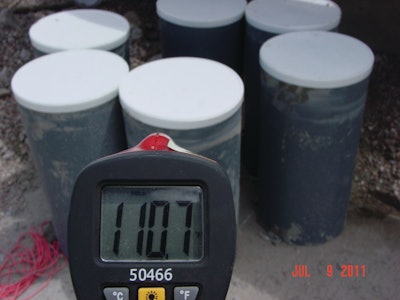 Field-cured test cylinders should be cured in the same manner as the concrete they represent. The temperature-time history of the test cylinders should match the in-place concrete curing conditions. In this case, the field-cured test cylinders overestimated the in-place concrete strength because they were sitting adjacent to a jobsite heater..