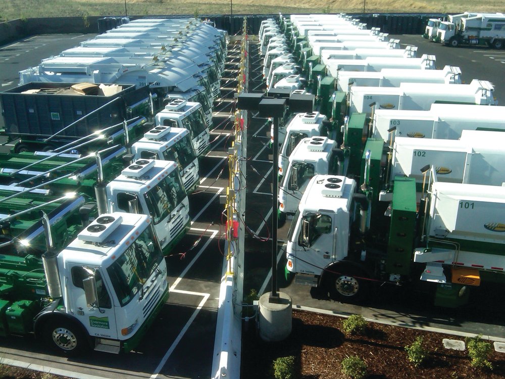 CNG works well for centrailized fleets that can be refueled overnight, such as these refuse trucks in Livermore, CA, being refueled.
