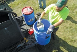 Minus-80 grade crushed recycled glass is added to sealer on the jobsite in place of sand or boiler slag.