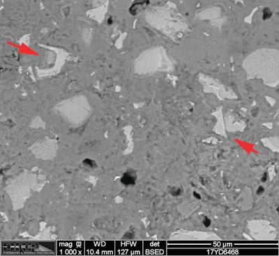 Figure 3. Scanning electron microscope image. Backscatter electron micrograph of polished surface showing detail of cement paste. The image was taken at 1000x magnification. The red arrows show examples of relict and residual cement grains.