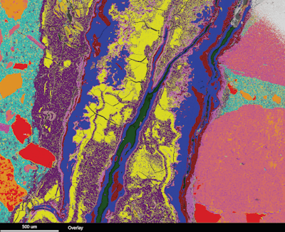 Figure 4. Energy-dispersive x-ray spectrometer (EDS) map of concrete with a combination of sea water attack and alkali-silica reaction (ASR). The different colors represent different phases or compounds with distinct chemical compositions. The purple and yellow areas are ASR gel. The blue areas represent brucite (magnesium hydroxide) and the red/brown areas represent hydrotalcite (magnesium silicate hydroxide), which are produced from sea water attack.