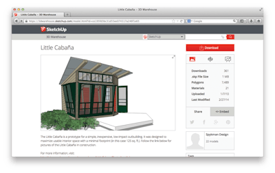 The 3D Warehouse features a WebGL viewer, enabling anyone to navigate models in 3D in a web browser. Users also can embed 3D models in their own websites.