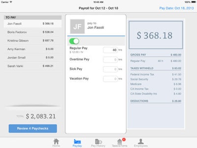 Intuit Online Payroll mobile app payroll screen on iPad