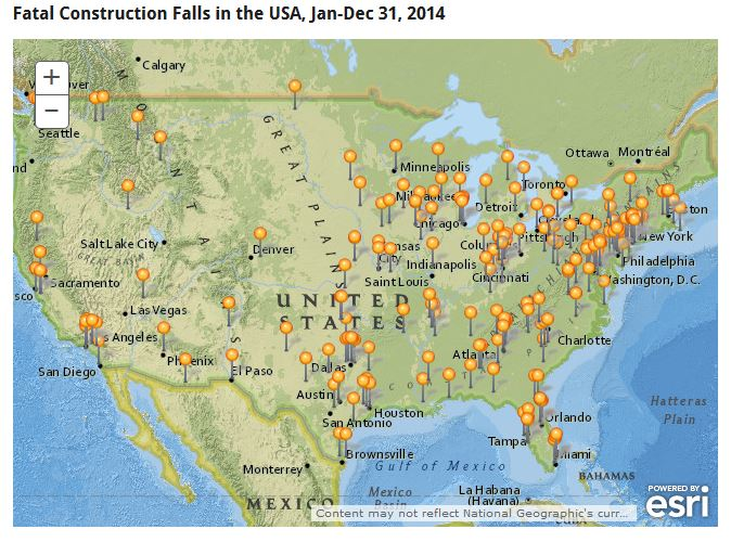 StopConstructionFalls.com's interactive map of 2014 Fatal Construction Falls offers detail on each fatal incident.