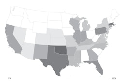 The frequency of injured employees with a high probability of painkiller abuse can be depicted by state. In general, the darker areas indicate higher frequencies of painkiller abuse among injured construction employees.