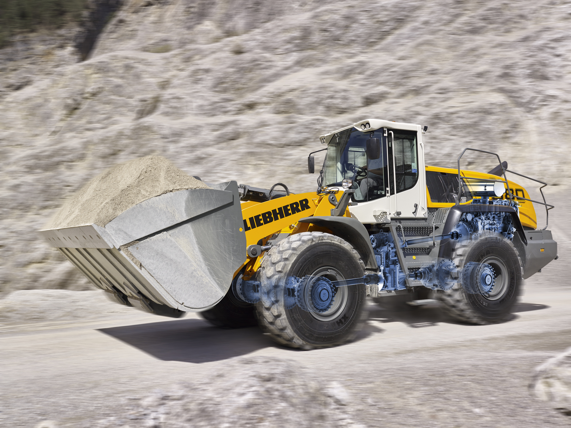Liebherr XPower Tier 4 Final large wheel loaders feature a power-split driveline. It combines a hydrostatic and a mechanical drive into one system.