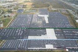 Paradise Asphalt Maintenance crews followed four days of milling with paving, then crews cleaned and cracksealed areas a day in advance to ready them for sealcoating. Striping was generally started the day after sealcoating an area, and as soon as it was halfway done and dried Adesa began moving cars back into the newly sealed and striped area.