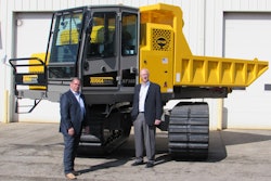 Mike Crimaldi, CEO of Terramac (left), and Andrew Konopka, President of Terramac (right), at the RT14R Tow & Show kick-off event at the company’s US headquarters in Elburn, IL.