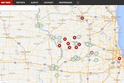 This EAMS overview screen shows individual Helm Group machines on location as red dots. Arrows in the dots show direction of travel, and a square in the dot shows the machine is stopped. Circles with numbers inside represent clusters of assets, with the number representing how many units are on site. As you zoom in the cluster spreads apart to reveal the individual assets.