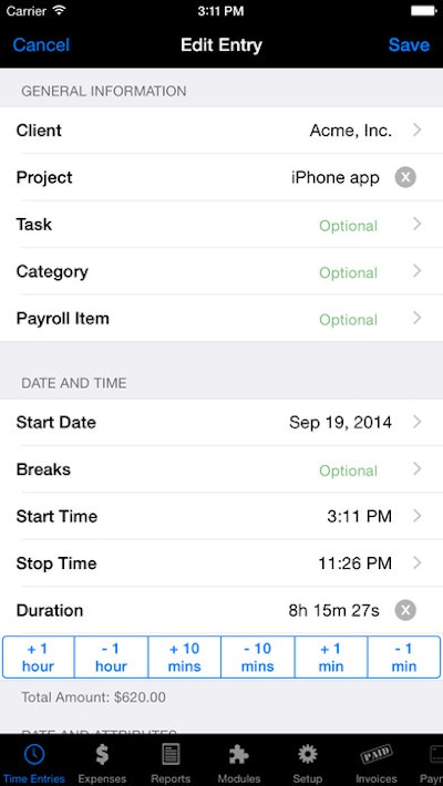 On-Core’s Time Master mobile app can track both time and expenses.