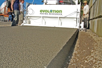 Contractors install pervious concrete using a slipform paver, model by Evolution Paving Resources.