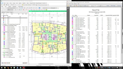 The Repeat feature of On Center Software’s On-Screen Takeoff module allows the end-user to capture quantity results on one drawing and then replicate those results with the click of a button (sample project shown). A materials list and model are to the left; to the right is a PDF of information pertaining to the project’s typical groups and repeating floors.