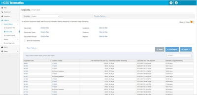 HCSS telematics software displays equipment fuel level expressed as a percentage of tank capacity, allowing you to understand real-time fuel needs across your telematics-enabled fleet.