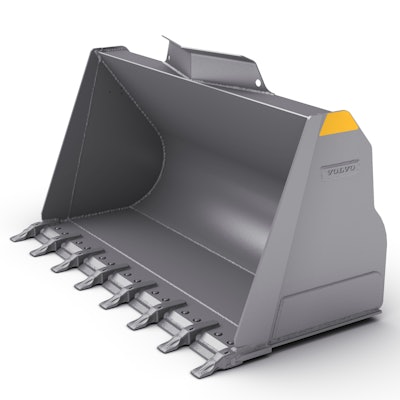 Buckets with flat floors, such as this general-purpose bucket from Volvo, can improve cycle times with faster loading.