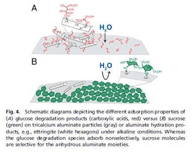 Figure 11: Schematic diagram from Smith et al. [46] Adsorption mechanism on C3A or aluminate hydrates of a) Glucose degradation products (non-selective adsorption) compared to b) sucrose (selective adsorption on anhydrous aluminate phases.