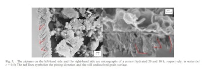 Figure 4: Cryo SEM micrographs on a section of cement grain hydrated for 20 hours from Nicoleau and Bertolim [9]. The etch pitting orientation is indicated by red lines. Pitting direction appears to be dependent on the crystal planes of the alite.