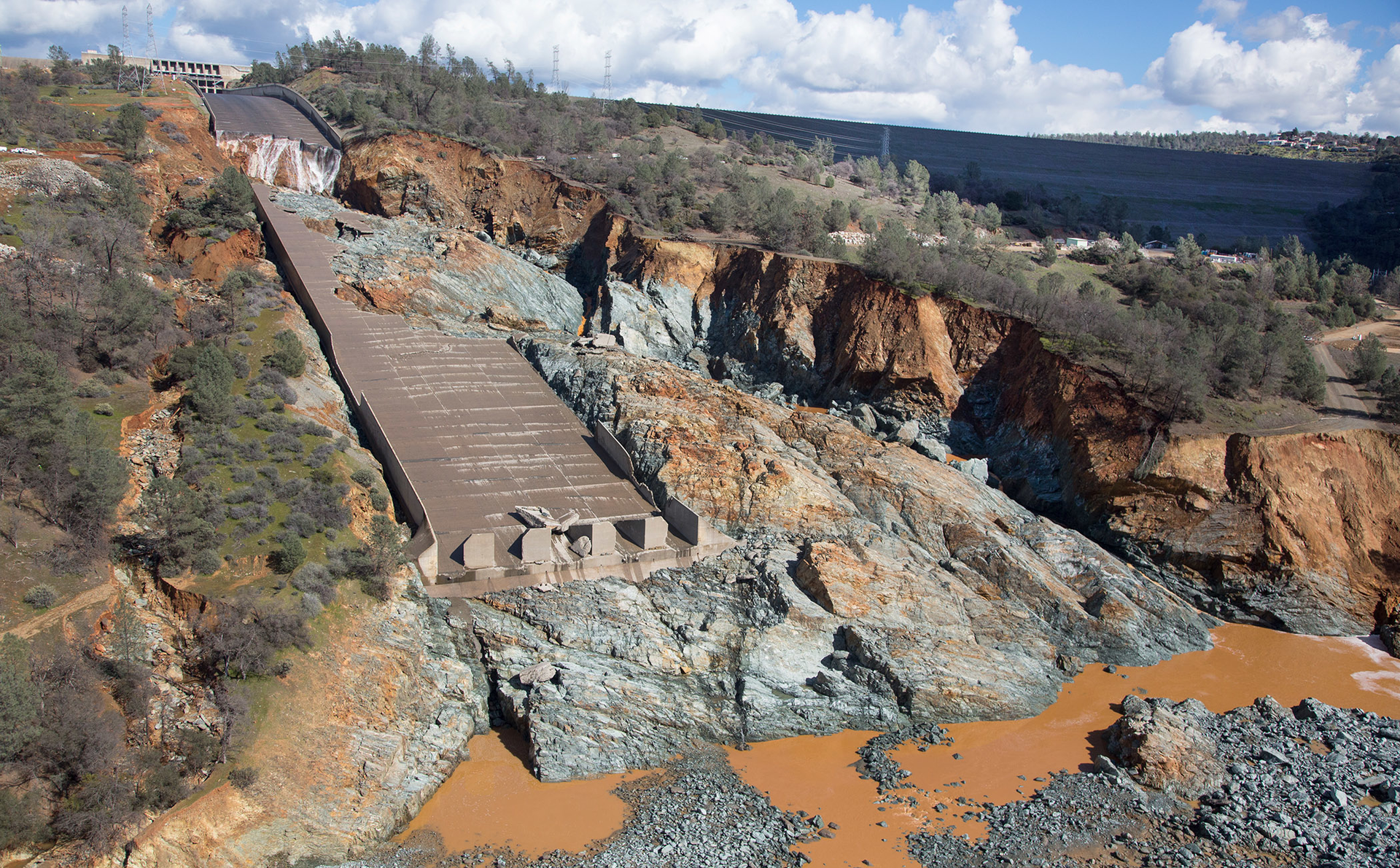 Damage after the Oroville Dam's main spillway failed.
