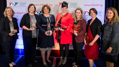 (Left to right) 2017 winner Diane Woodend-Jones, Lea and Elliot; Dr. Melissa Tooley, TTI; Diana Mendes, HNTB Corp.; Judy Hricak, Gannett Fleming; Alexandra Boggs, University of Tenn.; Meagan Brown, Grand Canyon University; Lisa Robert, RS&H
