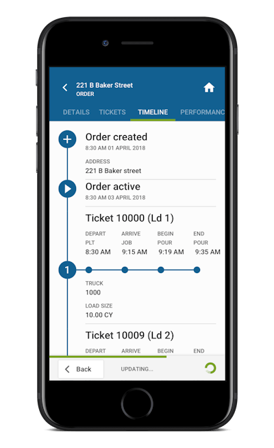 BCMI Corp.’s Material Now app provides contractors with all they need to know about their concrete orders and can be used as a virtual filing cabinet that houses past ticket data. Pictured here is an order timeline for a concrete finisher.