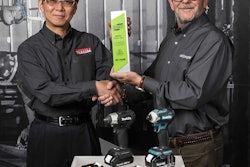 Makita USA President Terry Nozawa (left) accepts the 2018 Call2Recycle Leader in Sustainability Award from Sean Burchill, Western account manager for Call2Recycle. The award recognizes outstanding efforts in battery recycling.