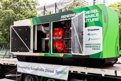 A Scania V8 engine running on renewable diesel is being used in its power generation configuration for a test program in Australia, which allows assessment of exhaust emissions, performance and response, fuel efficiency, cost and engine lifetime.