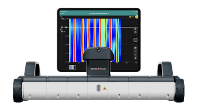 The Proceq GP8100 ground-penetrating radar device (foreground) and results on iPad.