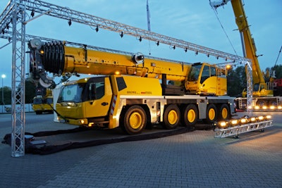 The five-axle GMK5150XL all-terrain crane features 66 meters of main boom for extended reach, as well as heavy-duty counterweight.