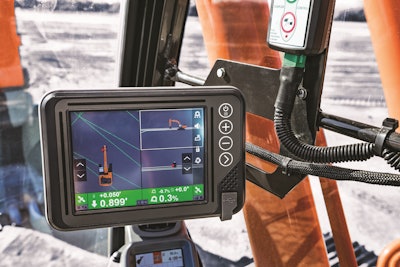 With Hitachi Solution Linkage 3D Grade Control, the machine controls the boom and bucket as the operator handles the arm.
