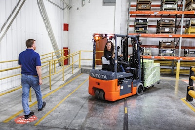 The updated 3-wheel electric forklift is equipped with new features, including ergonomics, operator assist, as well as onboard programming and diagnostics.
