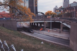 View of I-375 in downtown Detroit, MI.