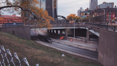 View of I-375 in downtown Detroit, MI.