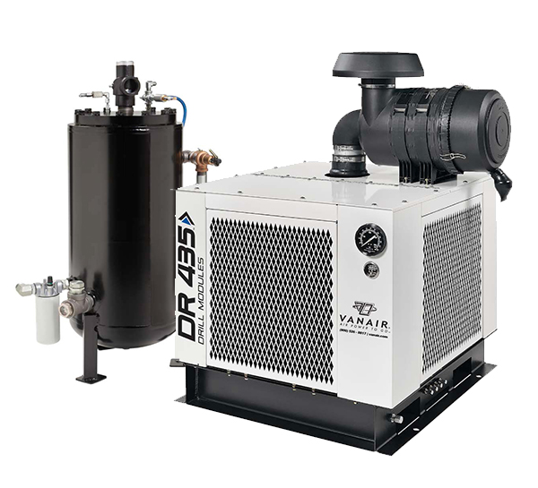 Equipped with a remote separator tank for versatile mounting and accessible maintenance, the DR 435 is designed for water-well, oil and gas, geothermal and blasthole drilling applications.