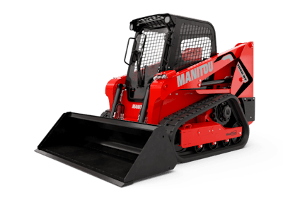 The machine includes the IdealTrax track auto-tensioning system, a swing-out cooler that keeps the engine compartment clean and engine temperatures down, and the Manitou EasyMANAGER fleet management platform (telematics).