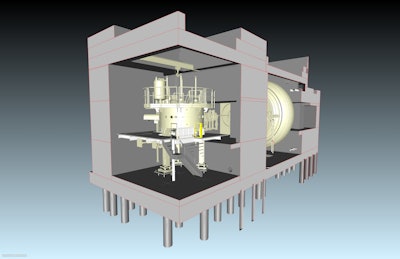 Concrete is blocked out of two sides of the proton therapy vault in this rendering to look at what’s inside. Inside the left chamber is the cyclotron, where beam generation begins. Inside the right chamber is the beam gantry (large bulb-shaped medical equipment) that revolves around the patient table to deliver the treatment.