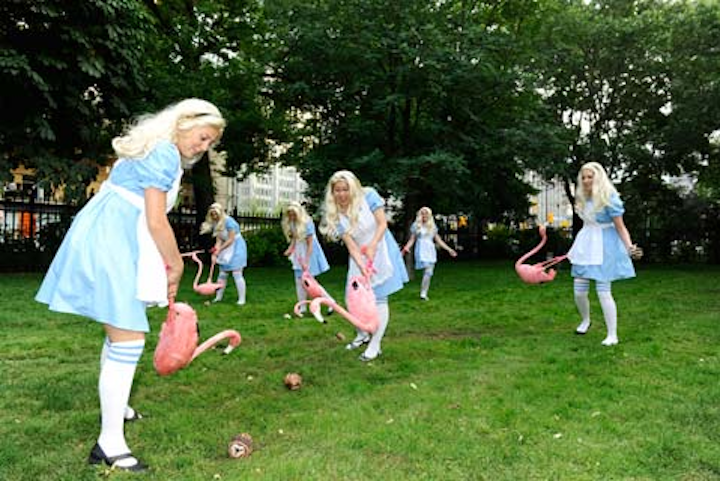 The sixth annual gala fund-raiser for the National Ballet of Canada, inspired by Alice and called 'Mad Hot Wonderland,' was held in Toronto in June 2011. Staffers dressed as Alice played croquet with flamingo mallets and hedgehog balls on Osgoode Hall's lawn, across the street from the venue. Later, guests could purchase raffle tickets from staffers dressed up as Alice, who dispersed themselves throughout the party.