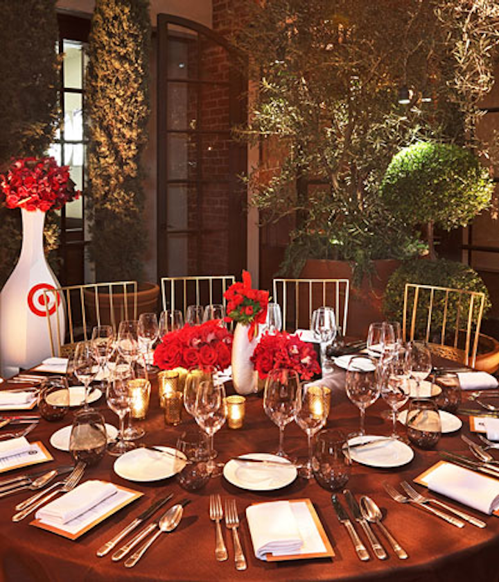 The night prior to the Black Women in Hollywood luncheon, Essence took to Spago where Caravents produced an intimate dinner hosted by Target, the luncheon's new sponsor. In an ode to the brand, bold logos decked oversize floor vases.