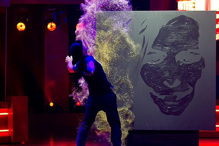 Live glue artist Michaël Ravaird creates pieces by first painting clear glue on canvas, then revealing the design by throwing glitter powder atop the adhesive. Based in France, Raivard can travel internationally. Presentations start from $3,957; travel fees are not included.