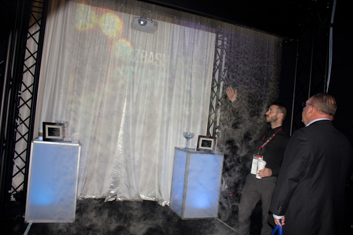 Lighting production company Nice Uplights showed off its new holographic entrance at the expo. Guests can walk through a 'holographic' video projected against a fine cascading water mist. It produces virtually no moisture or residue, and will not set off a venue's smoke alarms or fire suppression systems. The FogScreen can be suspended in any configuration or built into custom scenery or set pieces.