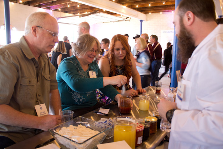 As part of the exploration on what makes barbecue delicious during SXSWi, Serious Eats hosted barbecue sauce workshops where participants were able to create their own flavors using a base sauce and additional condiments, which could be taken home in vials.