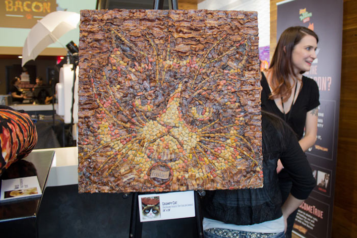 Friskies took over Cafe Medici on Congress Avenue to create the Haus of Bacon for two days during SXSWi. The cat food brand teamed up with artist Jason Mecier to create portraits of famous Internet cats using bacon, cat kibbles, and Friskies’ packaging.