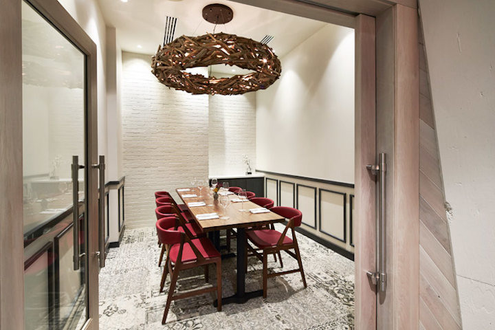 Chef Amy Brandwein opened her new 4,075-square-foot market and seasonal Italian osteria Centrolina in May at CityCenterDC. Architecture firm Core designed the space, which includes a 48-seat dining room, 16-seat bar, and 32-seat patio. The design scheme includes neutral colors, white-painted brick, polished concretes, and blond-wood tones with accent colors in turquoise, terra-cotta, and fuchsia. The private dining room seats as many as 10 guests.