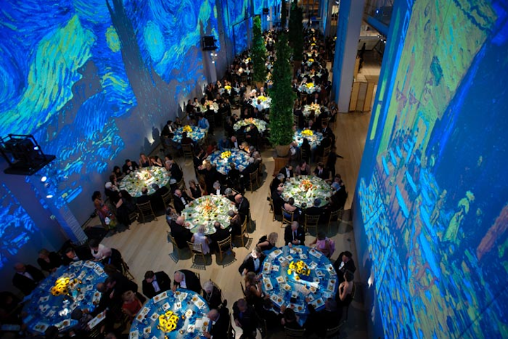 The Chicago art museum celebrated the opening of its new exhibition, 'Van Gogh's Bedrooms,' with a 450-guest gala on February 20. HMR Designs handled decor, and worked with Frost to create projections of the artist's works that surrounded the dining area. The idea was to let guests feel as though they were dining inside a Van Gogh painting.